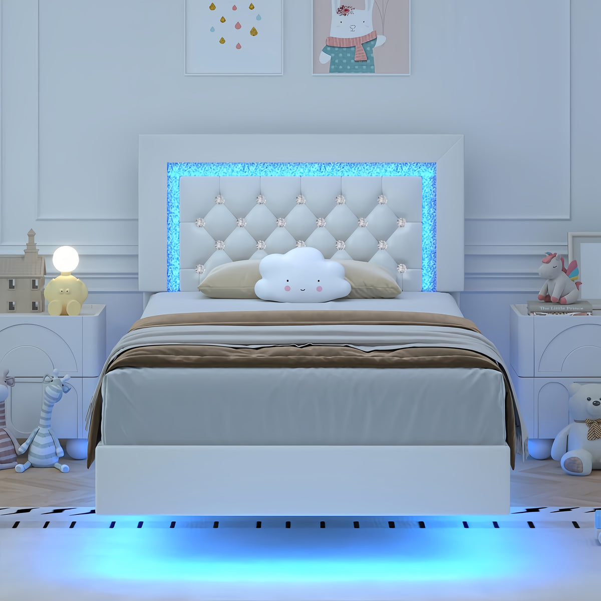 Twin Full Queen King Size Floating Black/White/Pink Bed Frame with LED Lights, Platform Bed with Diamond Tufted Headboard, Wood Bed Frame, Bed Frame Queen Size No Box Spring Needed, Noise Free, Easy Assembly, Black/White/Pink