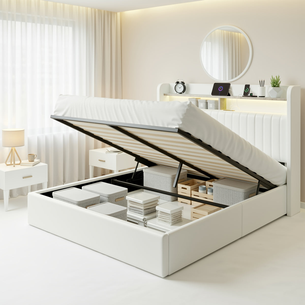 WEEWAY Lift Up Storage Bed Frame, Velvet Vertical Channel Headboard, LED Light And Charging Station, Hydraulic Support, Noise-Free Wooden Slats, No Box Spring Needed, Bedroom Furniture, Masterroom, Guestroom, White, Black, Cream, Grey, Free Shipping