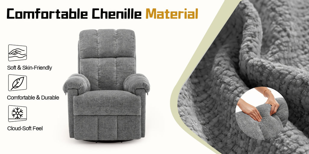 Living Room Single Chair, 360° Swivel Rocking Chair, Manual Rocking Chair for Small Spaces, Rocking Chair with Side Pockets And Armrest Storage, Deep Seat Cushion And Plush Backrest, Chenille Fabric, a Recliner Suitable for The Living Room