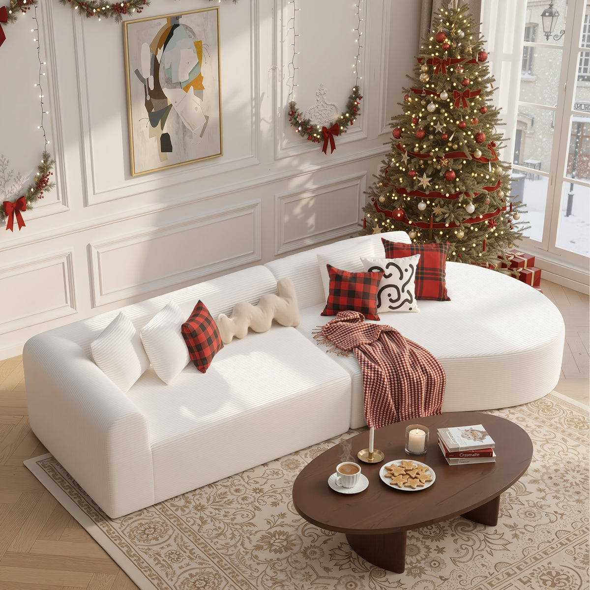 116" Curved Sofa with Throw Pillows, 4-Seater Luxury Chenille Fabric with Fully Assembled Long Lounge Sofa, Living Room Curved Sectional Sofa Chaise Lounge