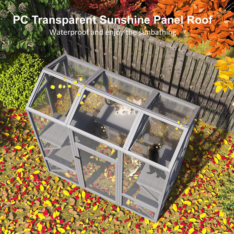 72 Inch Catio Outdoor Cat Enclosure, Large Cat House for Mulitiple Cats Walk in Cat Cage with Cover and Sunshine Panel Roof, Feral Cat Shelter with 7 Platforms and 2 Resting Box
