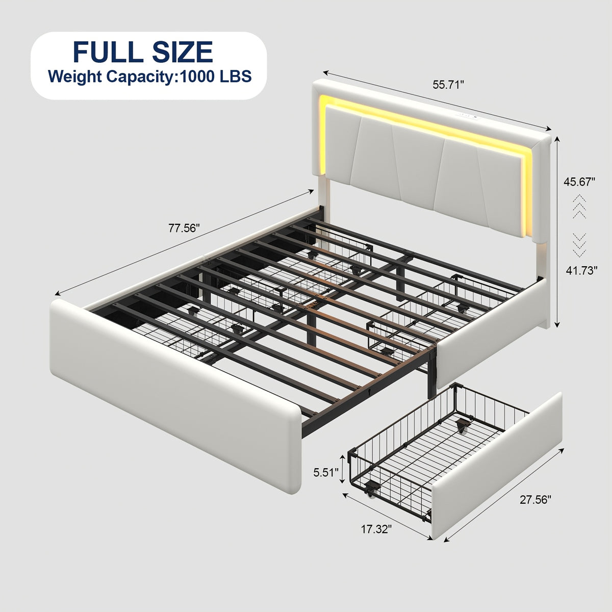 Upholstered Platform Bed Frame with 4 Storage Drawers, Twin/Full/Queen Size Bed Frame with LED Lights And Adjustable Headboard, Metal Slats Support, Charging Station, Easy Assembly, Noise Free, Black/White