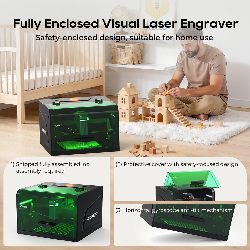 ACMER K1 Laser Engraver: A 2500mW Desktop Laser Engraving Machine With A 150×150mm Working Area And A 0.08mm Fine Engraving Spot. This Compact Laser Cutter Is Ideal For Wood, Plywood, And Acrylic Materials, Meeting The Needs Of Crafters And Small Bu