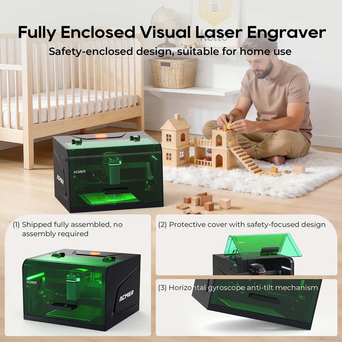 ACMER K1 Laser Engraver: A 2500mW Desktop Laser Engraving Machine With A 150×150mm Working Area And A 0.08mm Fine Engraving Spot. This Compact Laser Cutter Is Ideal For Wood, Plywood, And Acrylic Materials, Meeting The Needs Of Crafters And Small Bu