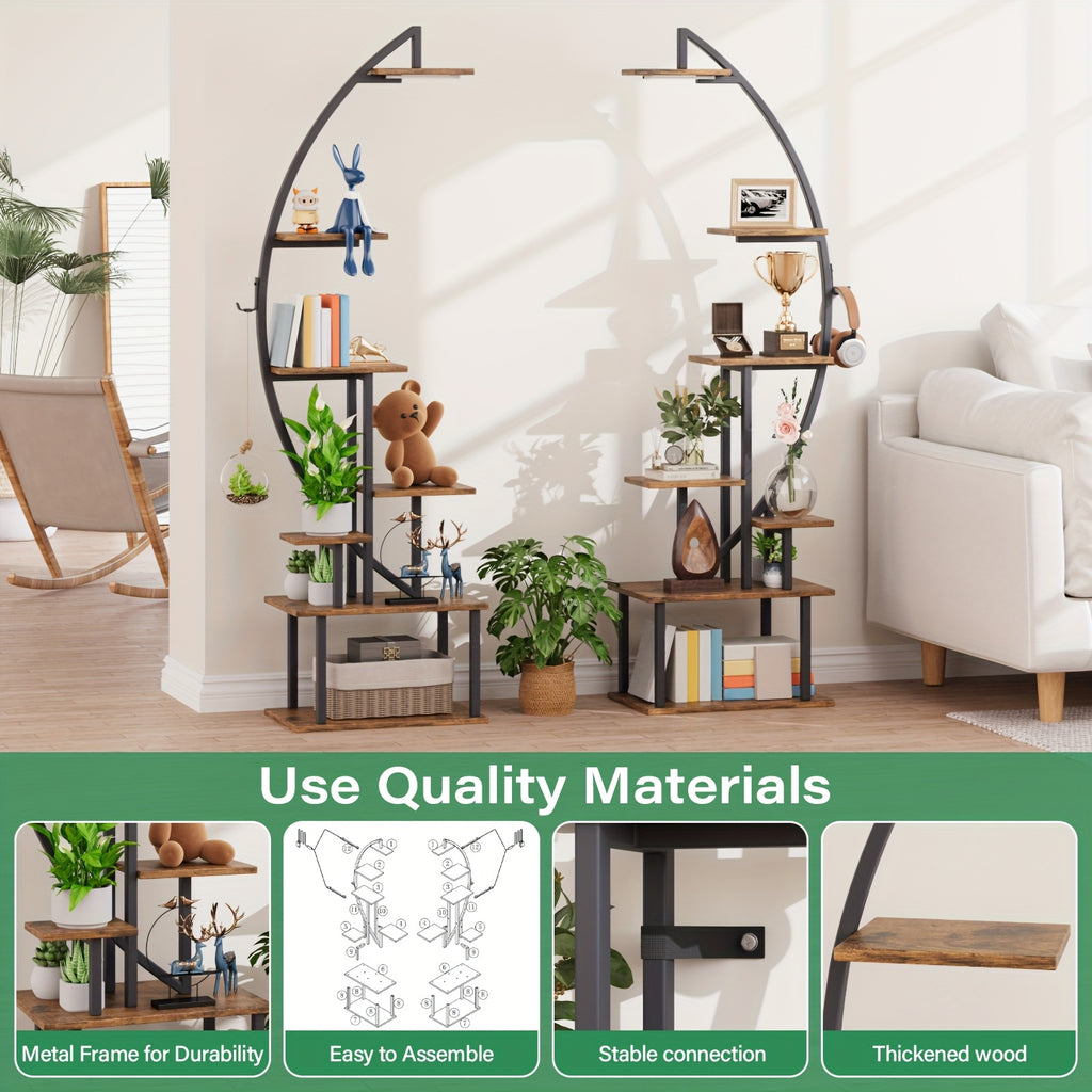 2pcs Bookshelf with Lights, 7 Tiered 65' Multi-Functional Metal Black And Brown Shelving Unit Wooden Bookcase for Books Handicraft Decorations Frames Multiple