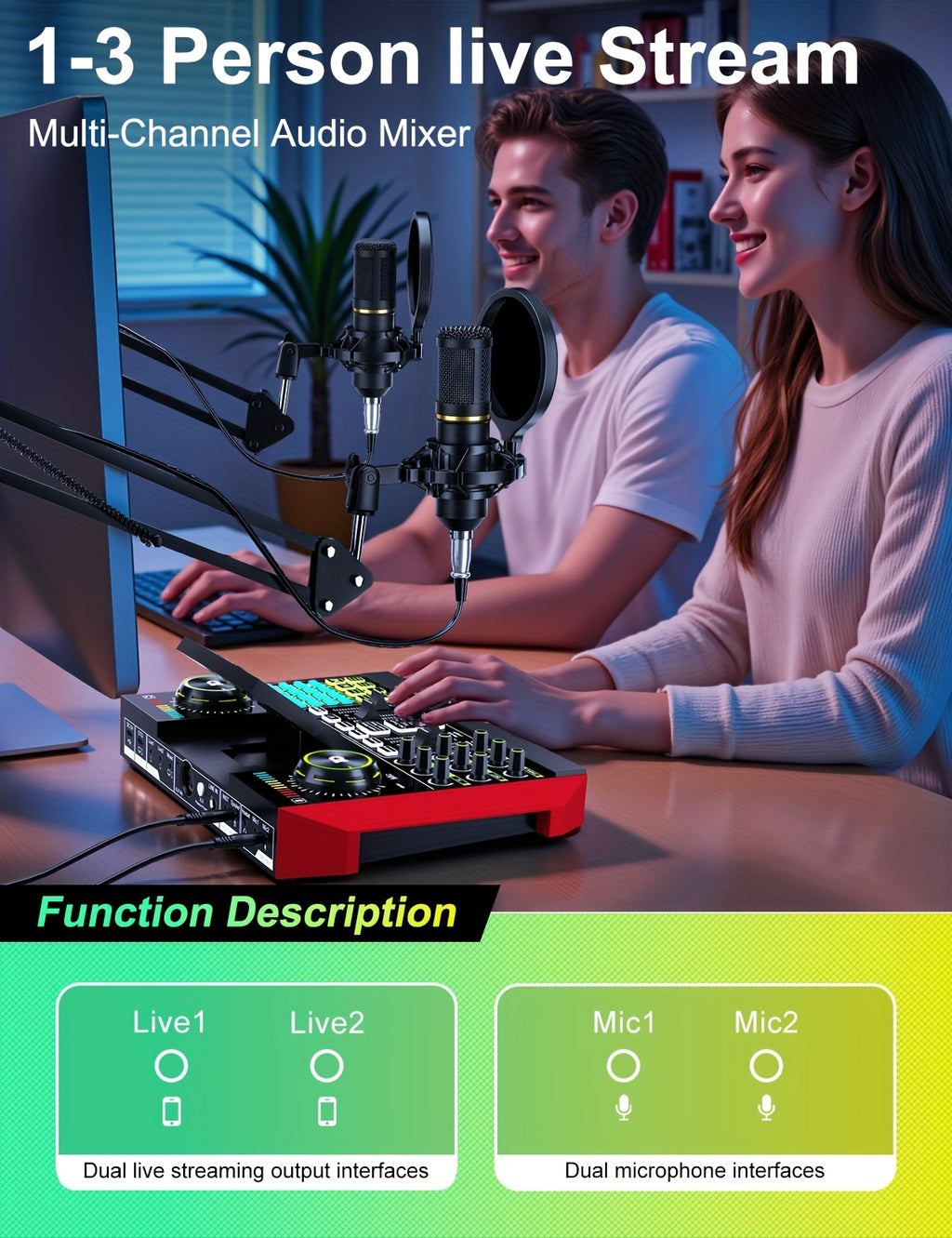 Tenlamp G10 BM800 Mic Mixer Set Podcast Influencer KOL Singing Gaming DJ Mixing Station Controller Equipment Studio Professional Recording Electronic Music Mixer Power Karaoke Machine Available Dynamic Condenser Wired Microphone Portable Microfono