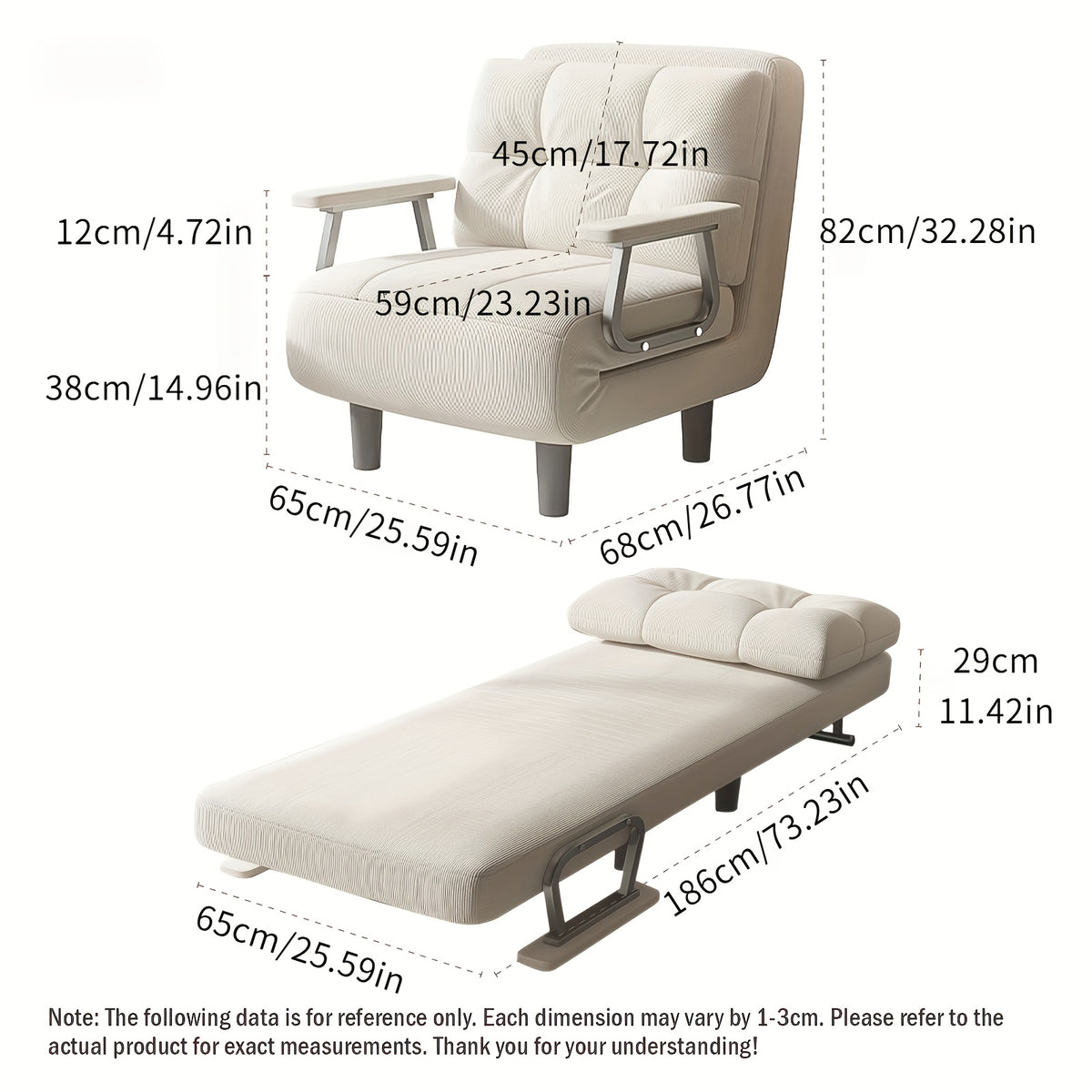 Folding Chair Bed | Silvery Armrest Corduroy Sofa, 5-Position Adjustable Backrest, Soft Breathable Fabric, 25.59X73.23inch, Multi-Color Multi-Functional, Suitable for Living Rooms And Bedrooms