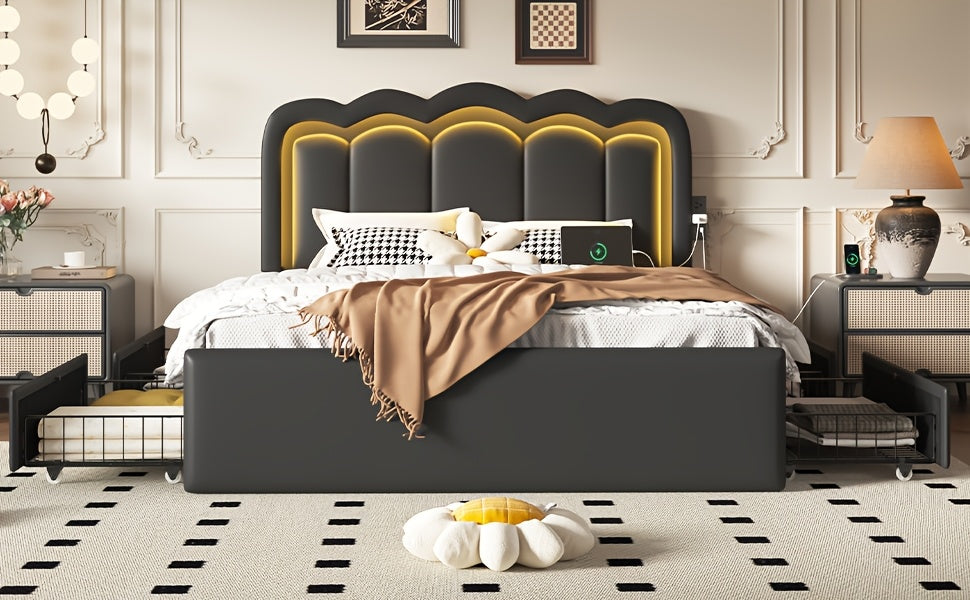 Upholstered Platform Bed Frame with 4 Storage Drawers & Adjustable Headboard, Full/Queen Size Bed Frame with LED Lights & Charging Station, Strong Metal Slats Support, No Box Spring Needed, Easy Assembly, Black/White