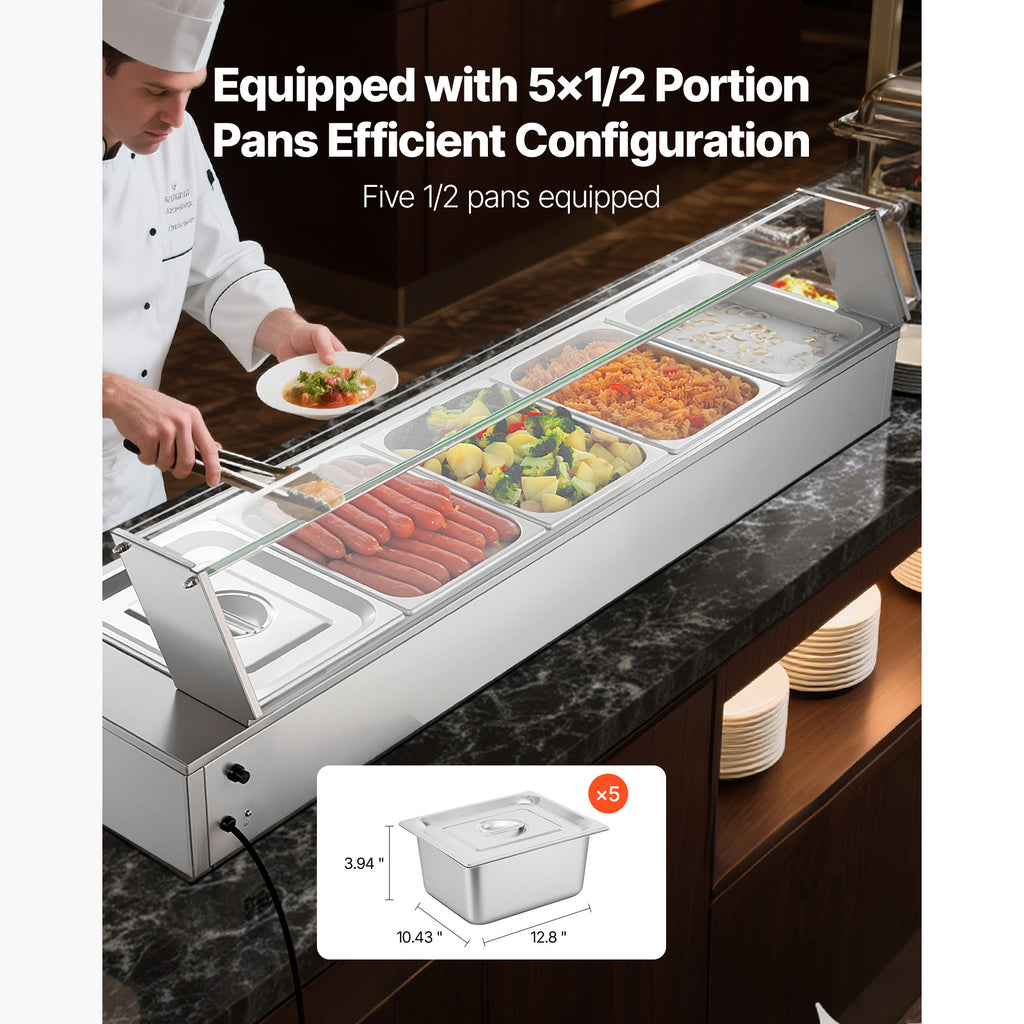 VEVOR Commercial Food Warmer, 1500W Electric Stainless Steel Steam Food Warmer with Glass Cover, Countertop Buffet Bain Marie with Three 1/2 Size / Five 1/2 Size Food Pans, for Catering, Restaurant, Party & Buffets