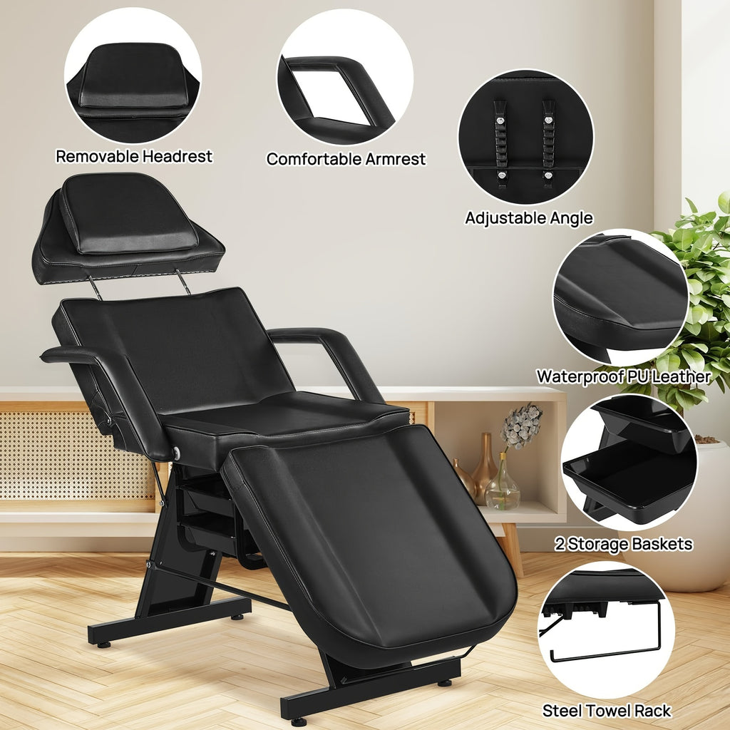 Facial Chair with Wheel Tattoo Chair for Client Beauty Chair Artist Spa Bed Removable Headrest for Client, Esthetician, Artist, Lash Bed Black