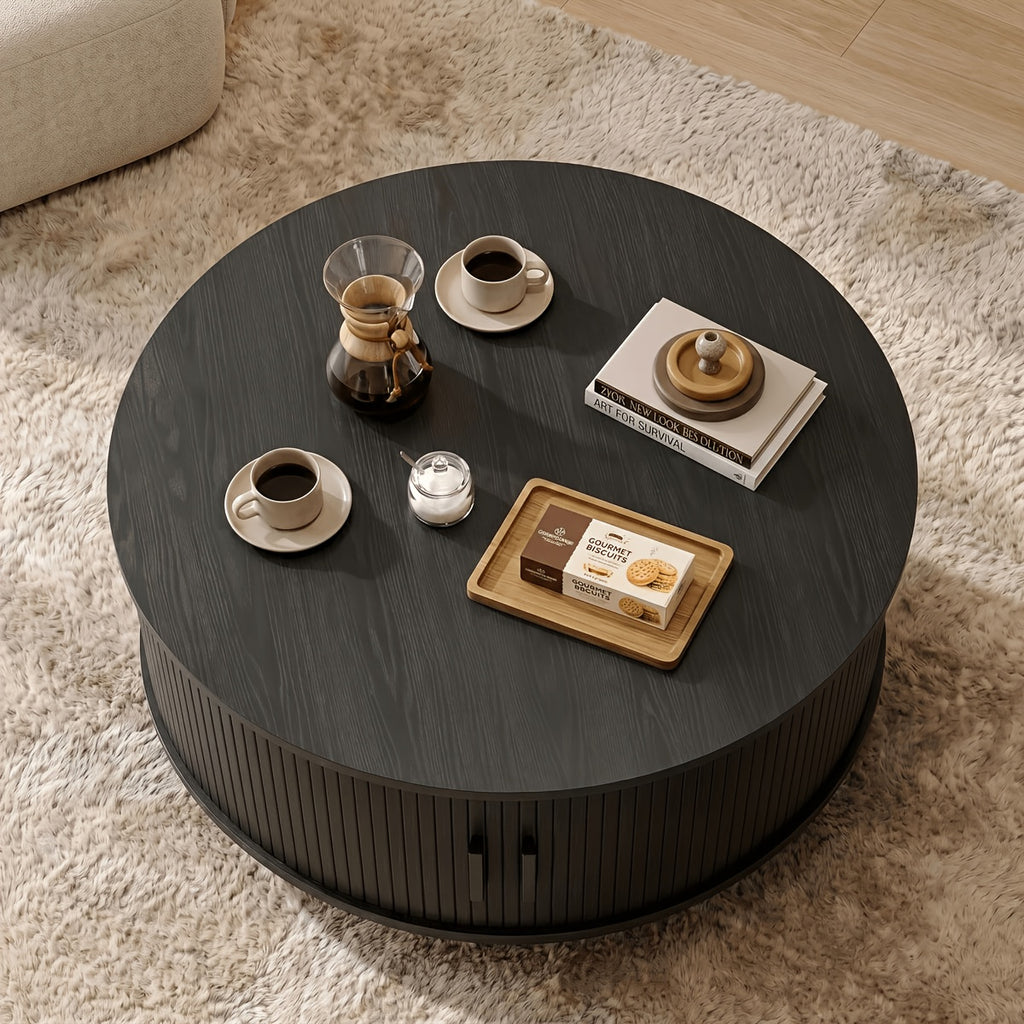 Round Coffee Table, 32-Inch Modern Wooden Center Table with Sliding-Door Storage for Living Rooms and Apartments