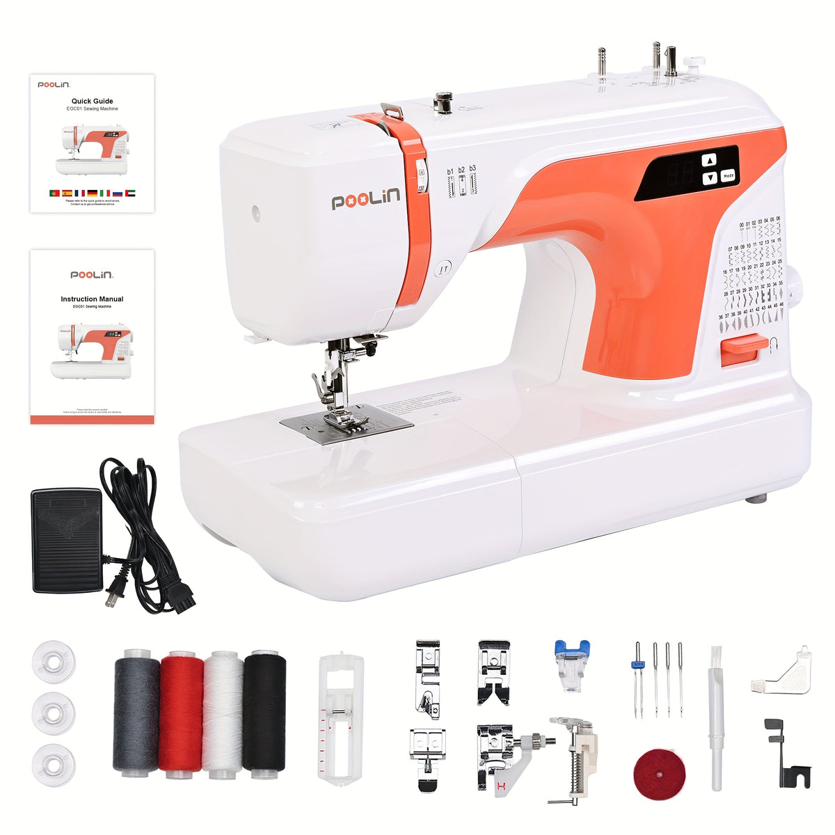 Poolin EOC01-RE Electronic Sewing Machine, Heavy Duty 100 Stitches, 6 Presser Feet, Reverse Stitching Come with Self-Threading And Twin Needles Sewing Supplies Kit Free Service DIY Craft Hobby for Home Business Use Craft Lover Gifts for Wedding