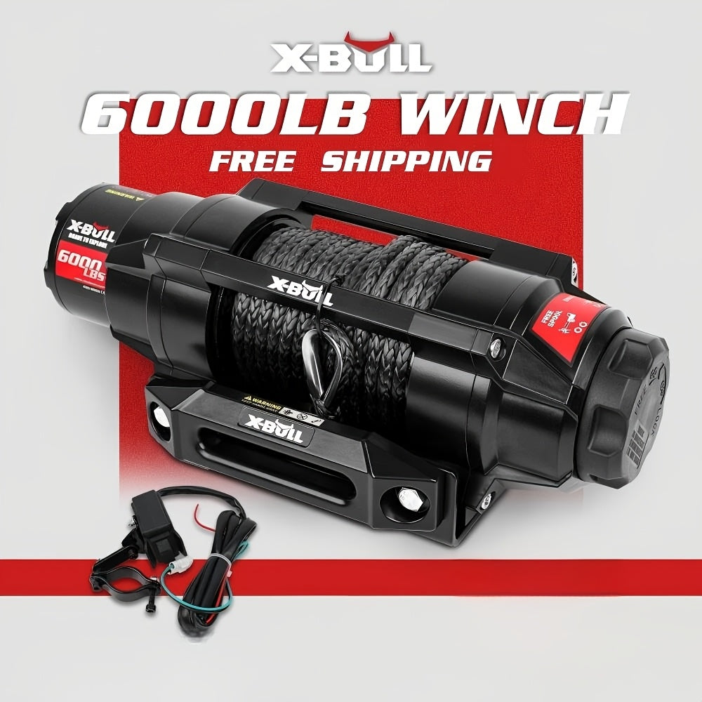 X-BULL New 12V DC 3000/5000/6000/13500Lb Electric Winch for Towing ATV/UTV, Boat, Off Road, Corded Control Recovery, Portable Synthetic Rope Electric Winch with Hawse Fairlead