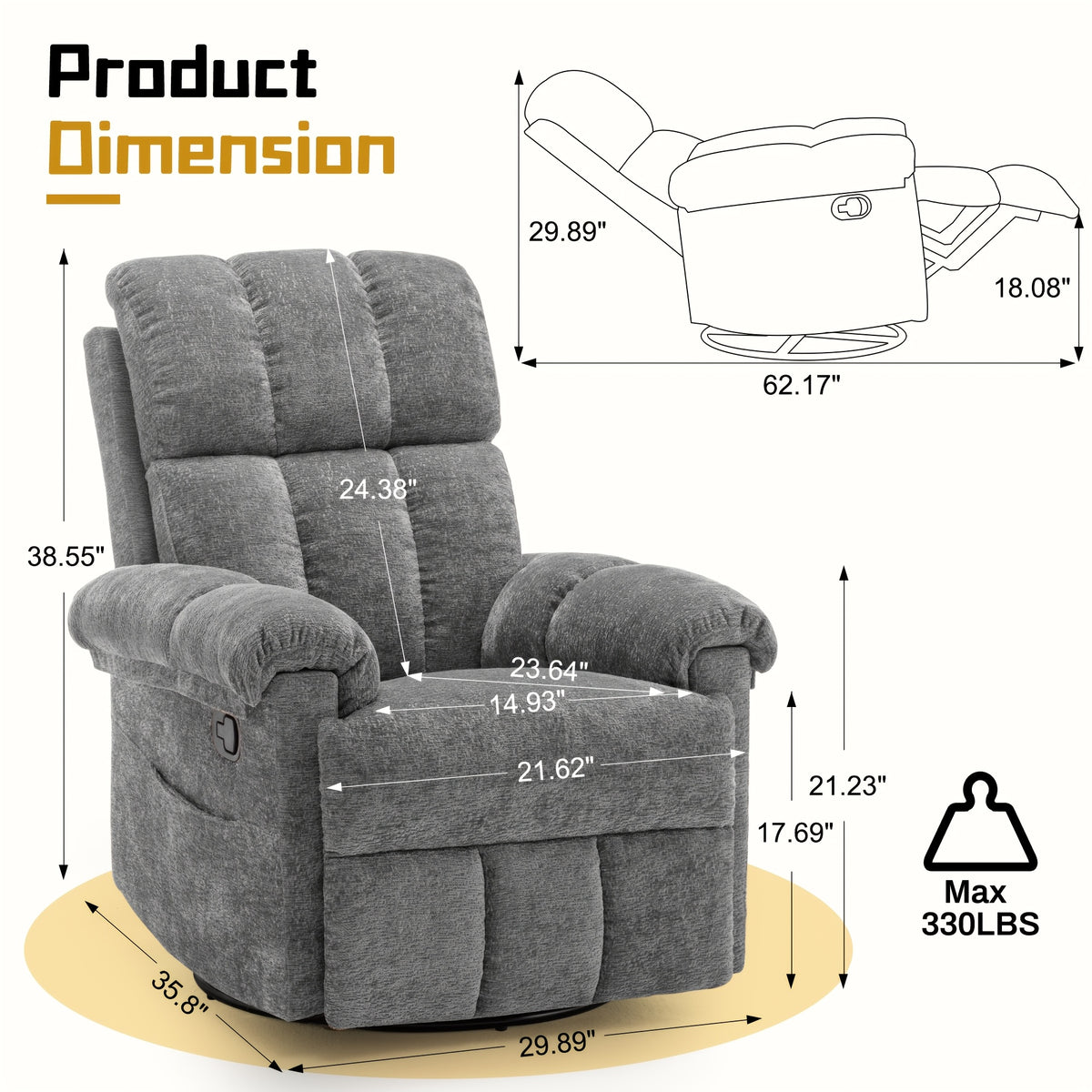 Living Room Single Chair, 360° Swivel Rocking Chair, Manual Rocking Chair for Small Spaces, Rocking Chair with Side Pockets And Armrest Storage, Deep Seat Cushion And Plush Backrest, Chenille Fabric, a Recliner Suitable for The Living Room