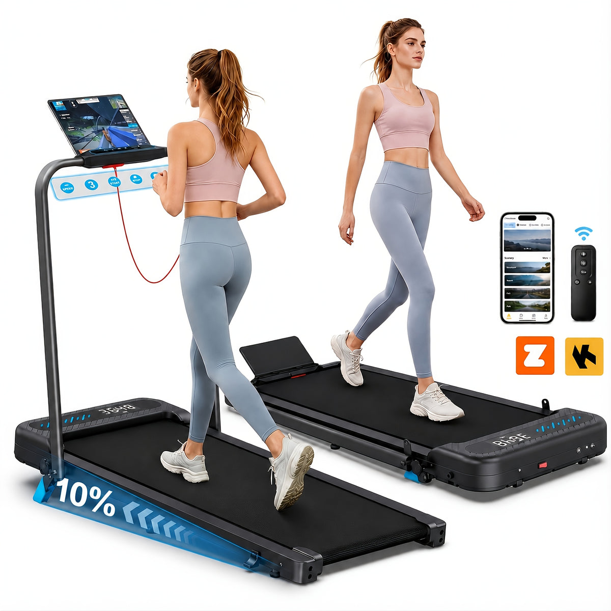 Foldable Treadmill with Incline, 2-In-1 Portable Treadmills for Home Small Spaces, 350 Lbs Capacity Compact Under Desk Treadmill, LED Display & KINOMAP App, No Assembly Required, Space-Saving Design, Without Battery