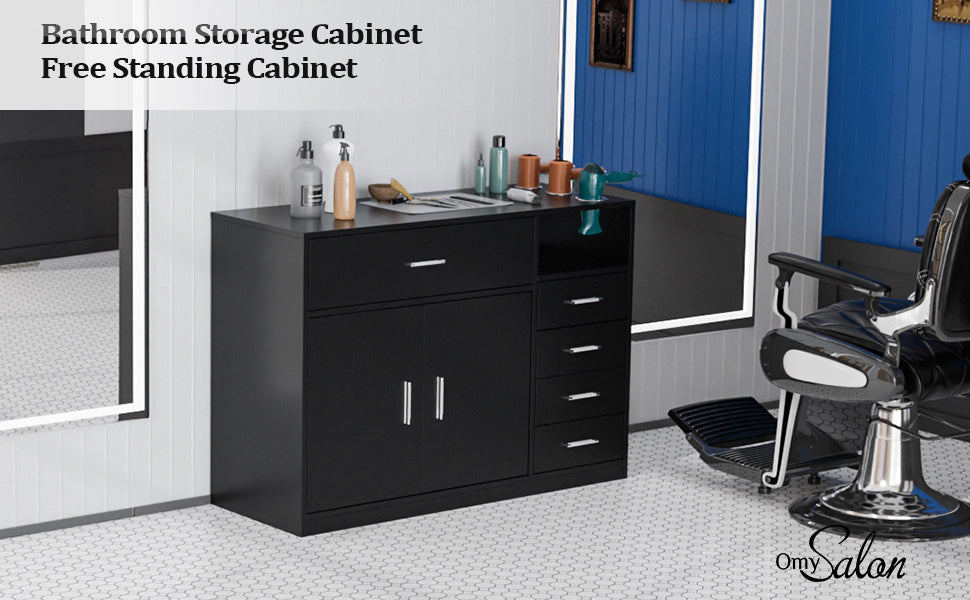 OmySalon Free Standing Barber Station Cabinet with 5 Drawers & Storage Cabinet, 3 Hair Dryer Holders, Heavy-Duty Construction - Modern Black Salon Furniture with Golden-Toned Hardware, Space-Saving Design for Hair Salons, Barber Shops, Spa & Home - Easy A