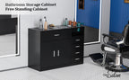 OmySalon Free Standing Barber Station Cabinet with 5 Drawers & Storage Cabinet, 3 Hair Dryer Holders, Heavy-Duty Construction - Modern Black Salon Furniture with Golden-Toned Hardware, Space-Saving Design for Hair Salons, Barber Shops, Spa & Home - Easy A