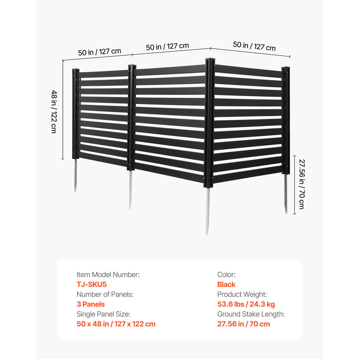 VEVOR 3 Panels Outdoor Privacy Screen, 50 x 48 in Air Conditioner Fence with 27.6 in Ground Stakes, Pool Equipment Enclosure, Vinyl Privacy Fence, Ideal for Trash Can and A/C Units, Black
