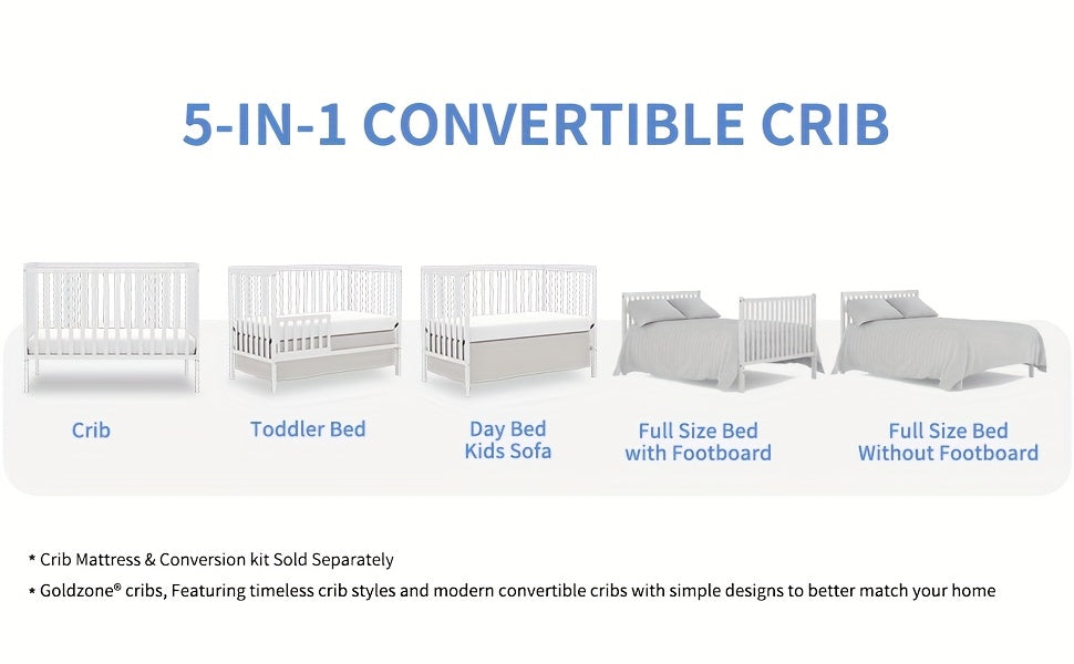 Goldzone Crib 5in 1 Convertible, Wooden Newborn Essentials Convertible to Toddler Bed, Sofa Bed and Full Size Bed, Baby Cribs with 4 Adjustable Bases for Nursery Decor, Baby Stuff Clearance, Item Weight: 37lbs, Maximum Weight Recommendation: 50lbs