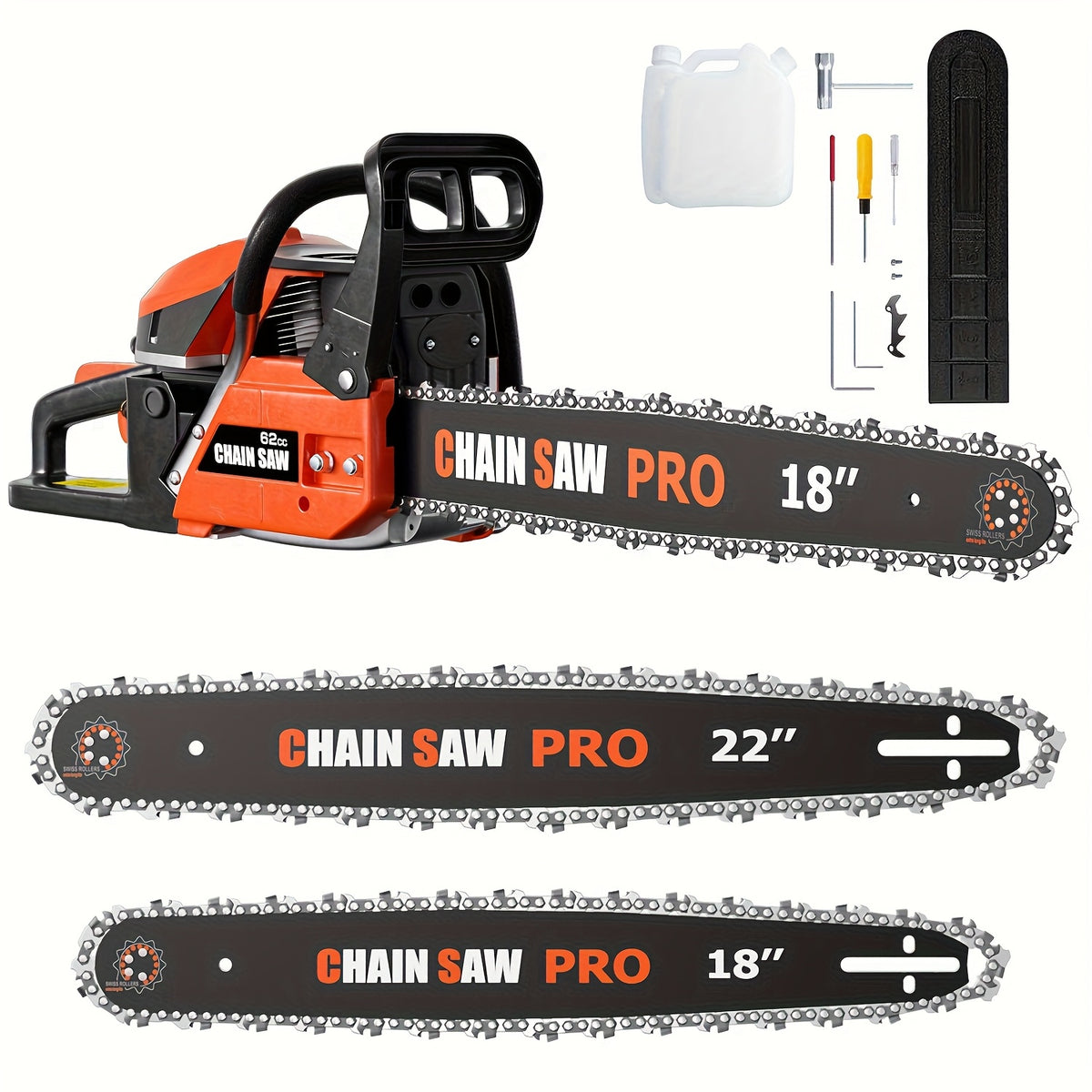 62CC Professional Chainsaw with 20 Inch, 22 Inch, 18 Inch, And 24 Inch Options, Featuring a 2-Stroke Engine, Ergonomic Non-Slip Handle, And Dual Fuel Tanks, Ideal for Cutting Wood, Trimming Trees, And Clearing Land