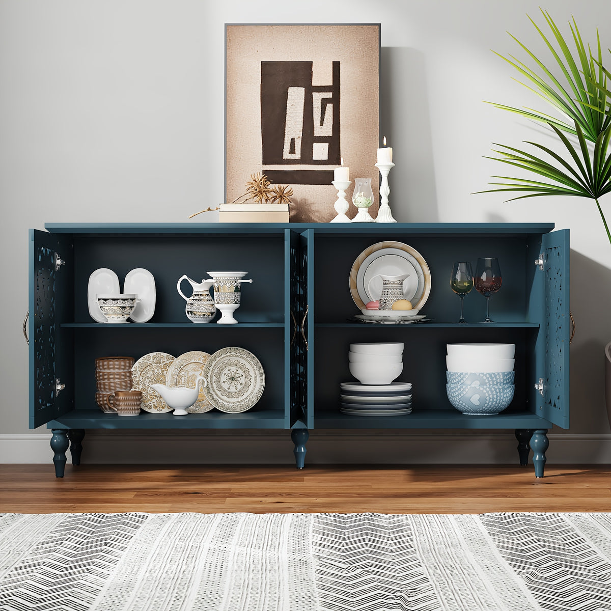 63" Accent Cabinet with 4 Doors, Hollow Carved Vintage Sideboard Buffet with Adjust Shelves, Wood Credenza Storage for Living Room, Dining Room, Kitchen