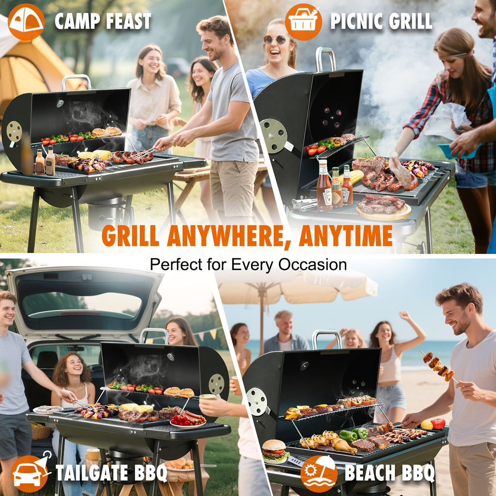 Charcoal BBQ Grills Outdoor - Barrel Charcoal Grill with Offset Smoker(Model: L)/ Outdoor BBQ Grill with Side Table(Model:M/XL-A/XL-C)for Backyard, Patio, Parties, Camping, Outdoor Cooking, Large Event Gathering, Black