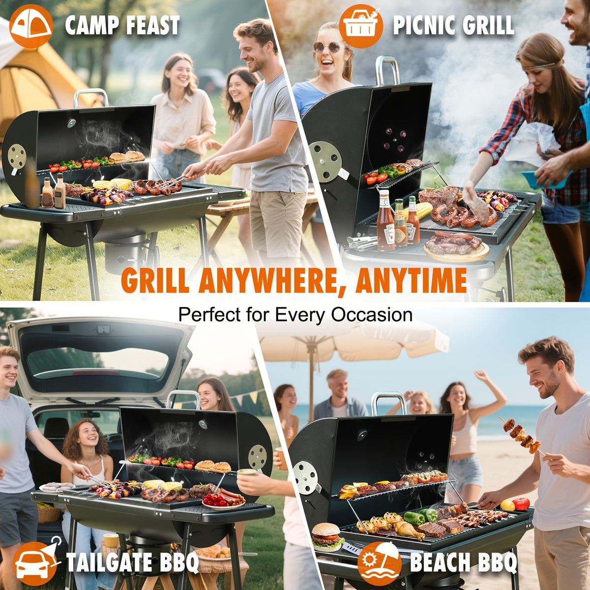 Charcoal BBQ Grills Outdoor - Barrel Charcoal Grill with Offset Smoker(Model: L)/ Outdoor BBQ Grill with Side Table(Model:M/XL-A/XL-C)for Backyard, Patio, Parties, Camping, Outdoor Cooking, Large Event Gathering, Black