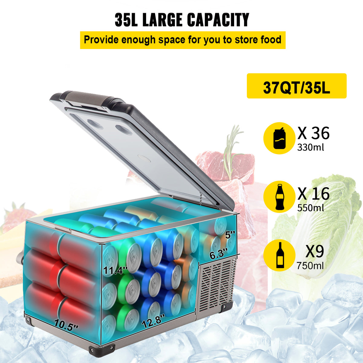 VEVOR Portable Refrigerator 37 Quart (35 Liter), 12 Volt Refrigerator (-4℉~68℉), Car Refrigerator Dual Zone with 12/24v DC & 110-240v AC for Camping, Travel, Fishing, Outdoor or Home Use