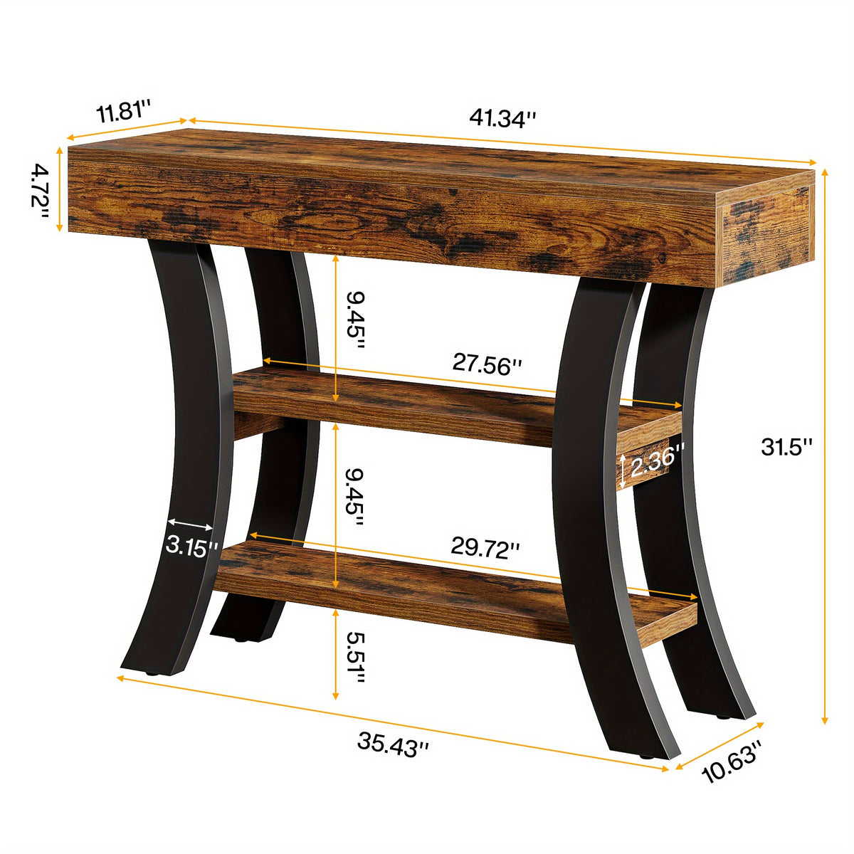 41" Rustic Brown 3-Tier Console Table with Curved Frame & Storage Shelves - Heavy-Duty Engineered Wood Construction, 3-Tier Design, Sturdy Base