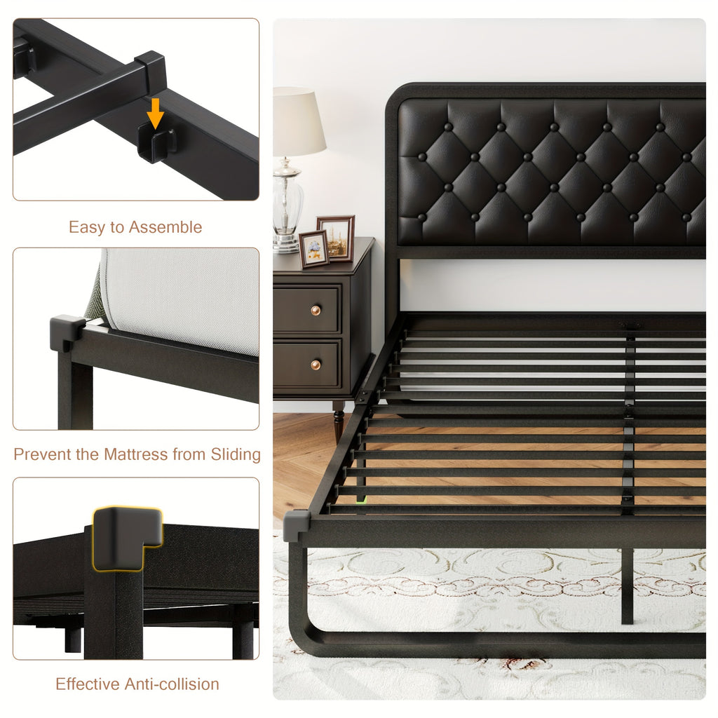 Sturdy Platform Bed Frame Featuring a Button-Tufted Headboard in Black Faux Leather Or Dark Grey Linen, Offering 12 Inches of Storage Space