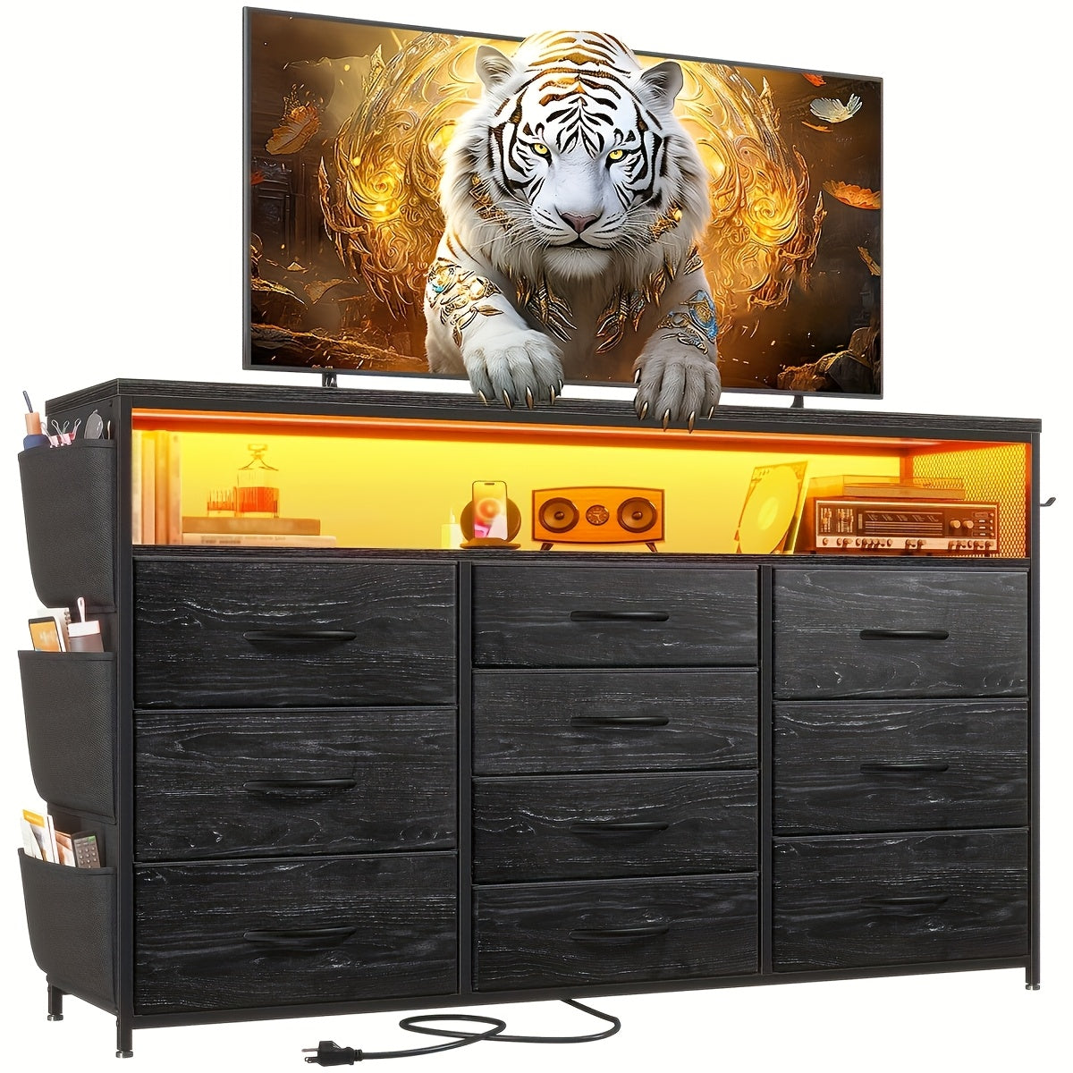 Dresser TV Stand With 10 Drawers For 55" TV Stand For Bedroom With LED Lights & Power Outlets Wide Dresser For Bedroom With Shelves & Side Pockets Sturdy Metal Frame & Wood Top, Charcoal Black