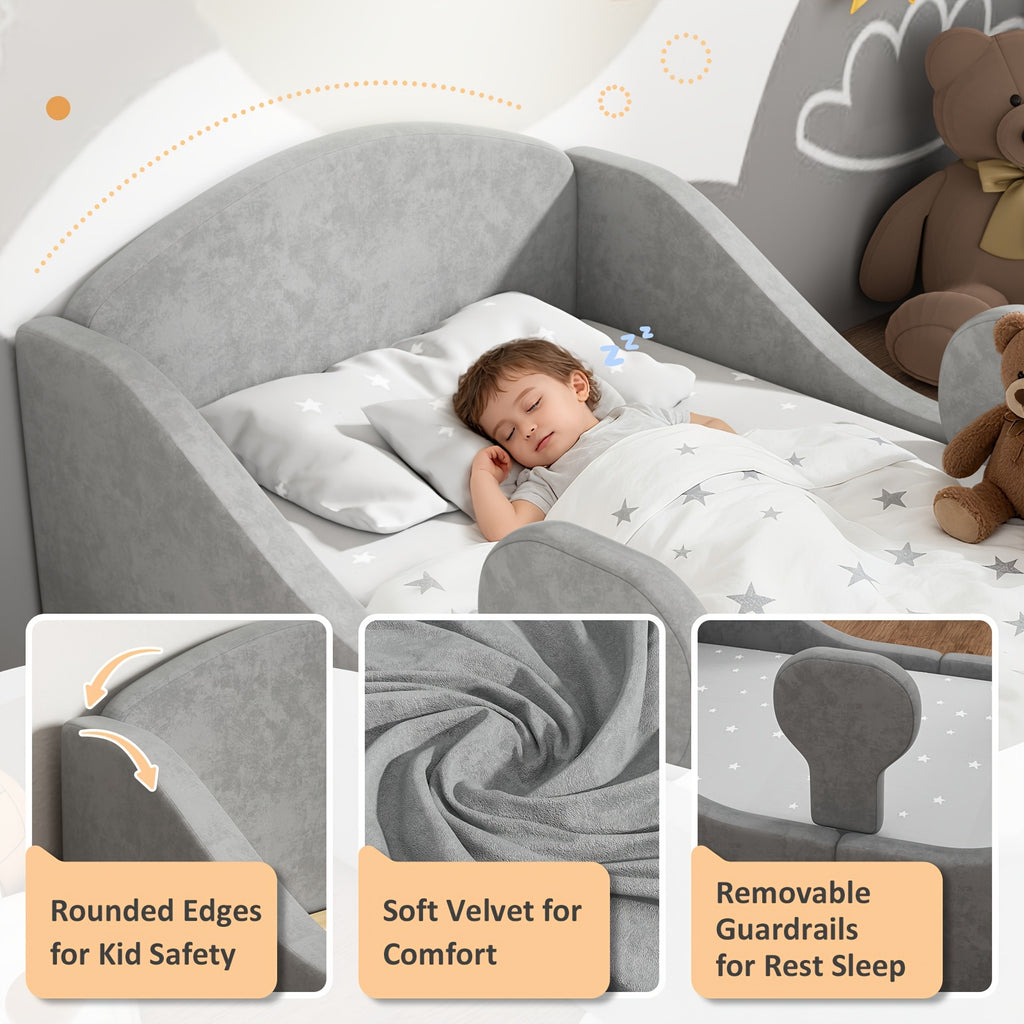 Bed Designed for Toddlers, Featuring Removable Safety Rails And a Soft Upholstered End in Pink, Blue, Or Gray. Note: Mattress Is Not Included