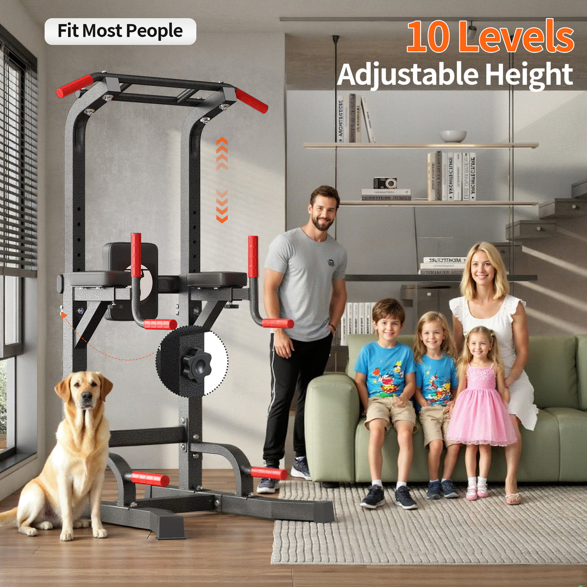 Power Tower Pull Up Bar Dip Stand, 10 Adjustable Height Free Standing Assistive Trainer Dip Station, Multi-Function Strength Training Fitness Workout Station for Home Gym Fitness Equipment Equipment