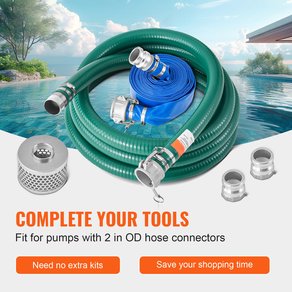 VEVOR Suction Hose Kit for Water Pump 2 in x 20 ft Green/ 50/65 ft Blue Hoses