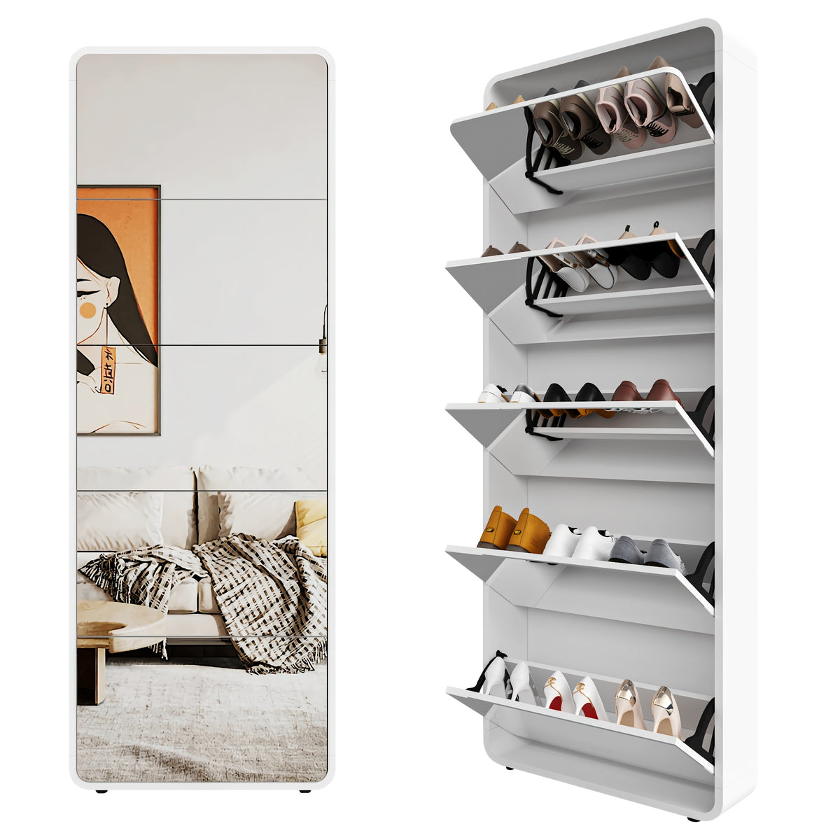 Organizedlife 1Set Shoe Storage Cabinet For Entryway, 5 Tiers Full Length Mirror Shoe Organizer, Wooden Narrow Shoe Closet, Black Shoe Cabinet Shoe Rack For Front Door Entrance, Outdoor