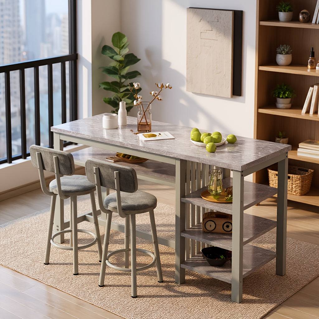 3pcs Dining Room Table Set with Faux Leather Upholstered Bar Stools, Modern Farmhouse Style Dining Table Set with Multiple Tier Storage Shelves, MDF Table Top and Metal Frame, Counter Height Breakfast Nook Table Set for Small Spaces Family
