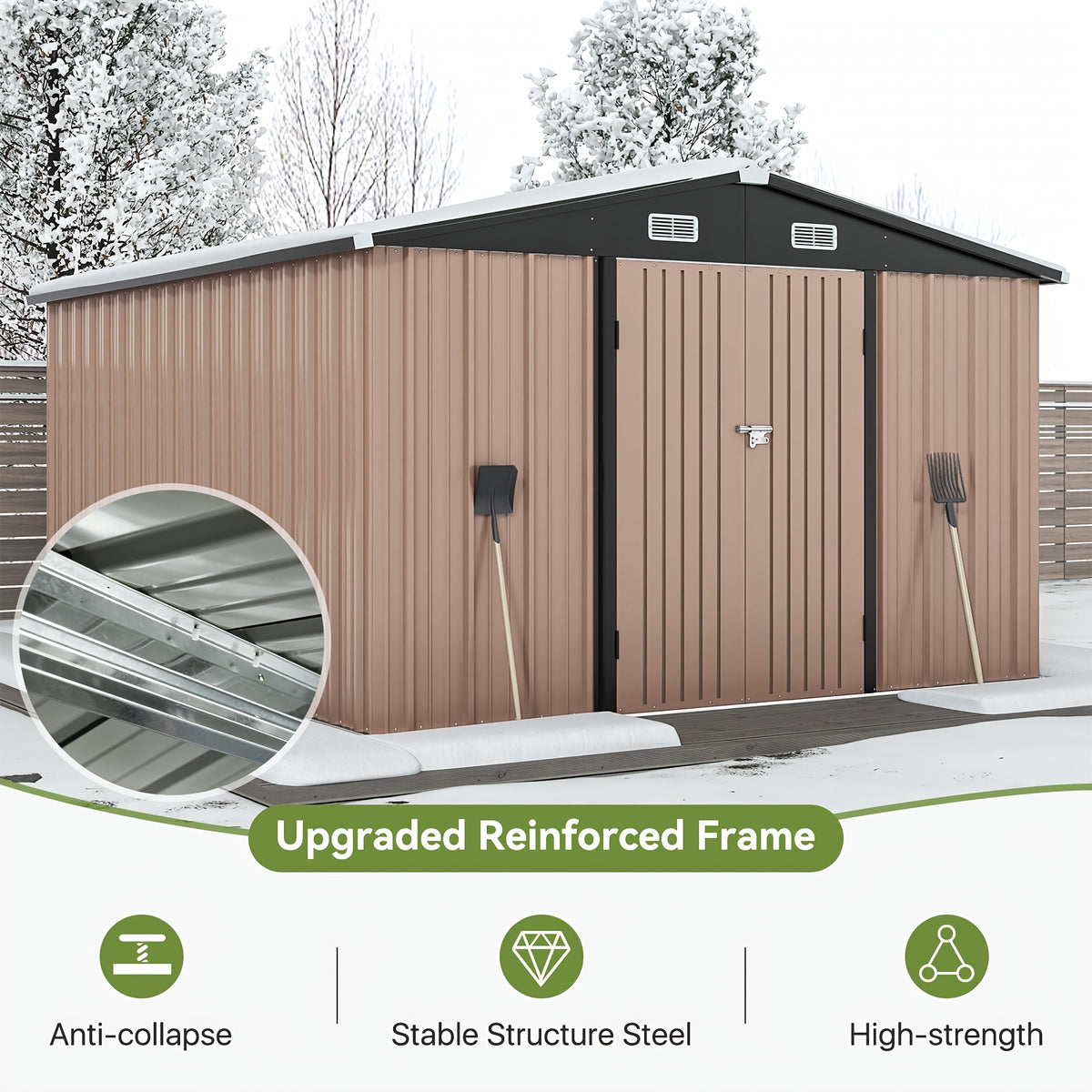 20'x12'/14'x12'/10'x8' Outdoor Metal Storage Sheds - Large Garden Tool Metal Shed, Carport Shed with Lockable Door & Galvanized Steel Construction for Garden, Backyard, Patio, Lawn( Brown)