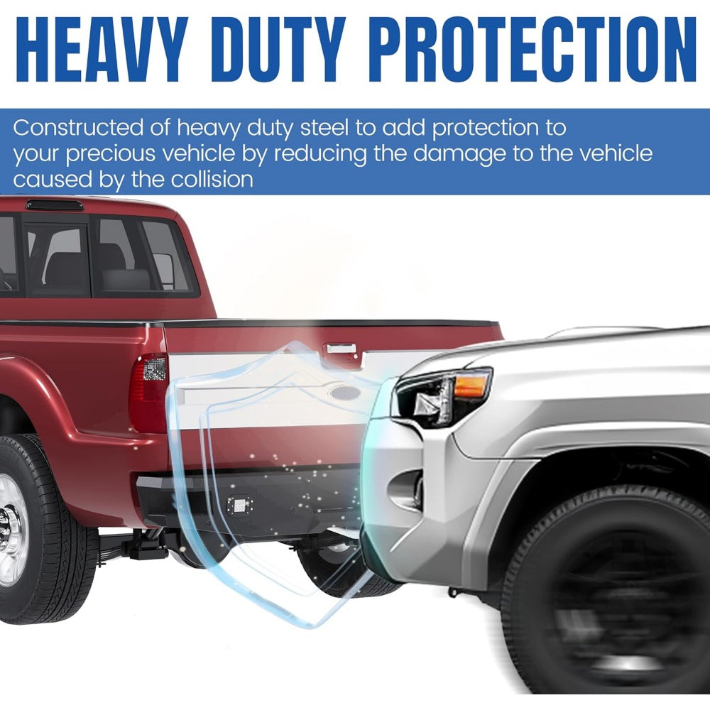 Heavy Duty Offroad Rear Bumper for 1999-2016 Ford F250 F350 Super Duty, Black Powder Coated Steel with 2 x 18W LED Lights