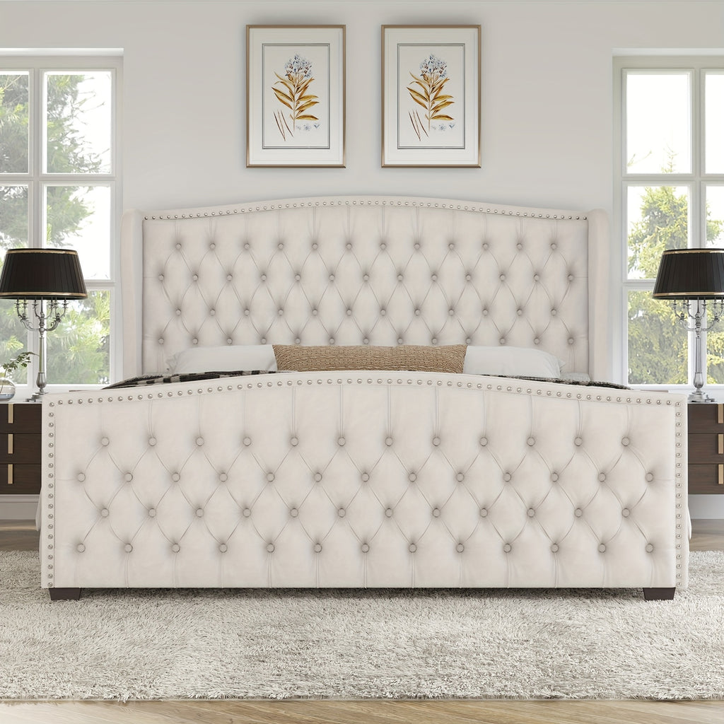 Handcrafted Velvet Bed Frame Featuring a Wingback Headboard, Adorned with Button Tufting And Nailhead Accents, Supported by Wooden Slats.