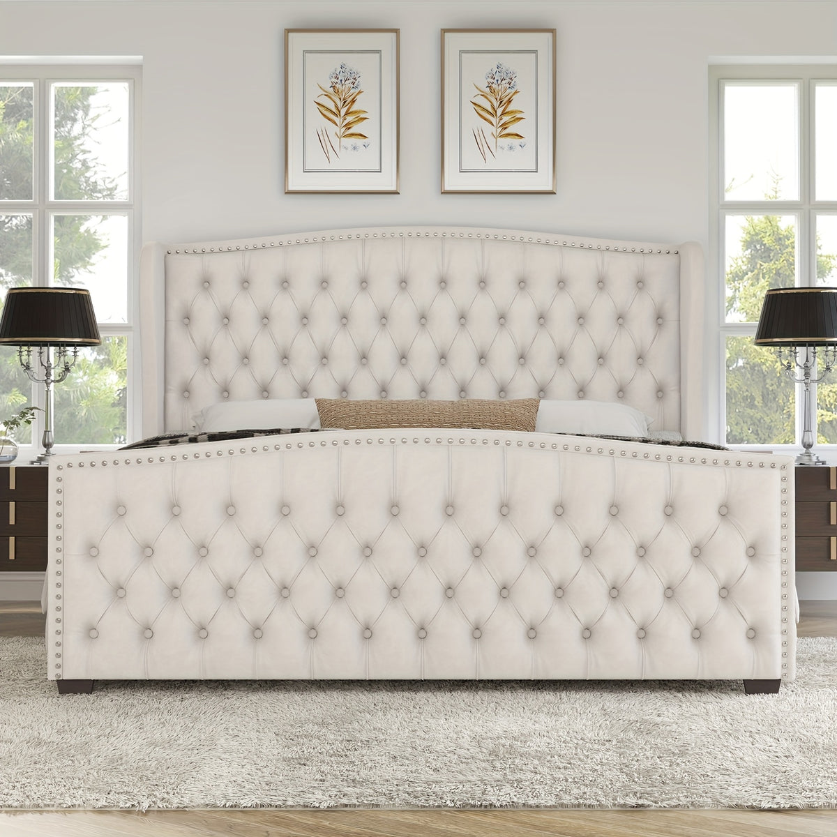 Handcrafted Velvet Bed Frame Featuring a Wingback Headboard, Adorned with Button Tufting And Nailhead Accents, Supported by Wooden Slats.