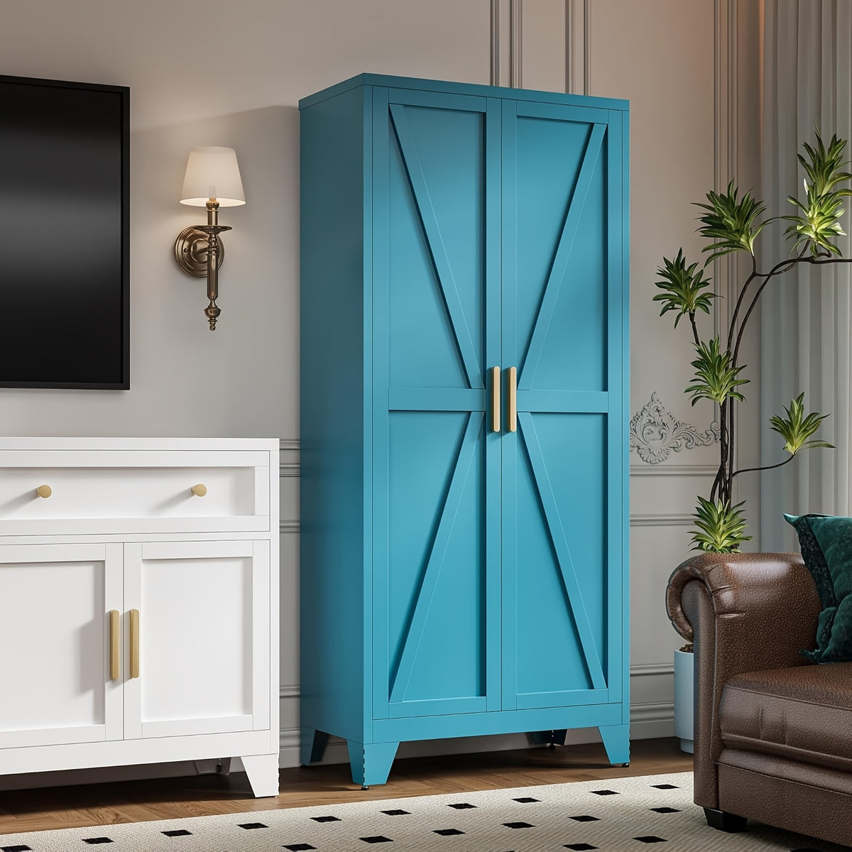 61"/71" Tall Metal Storage Cabinet With 2 Doors And 4 Adjustable Shelves, 5-Tier Kitchen Pantry Storage Cabinet For Kitchen, Living Room, Dining Room And Office