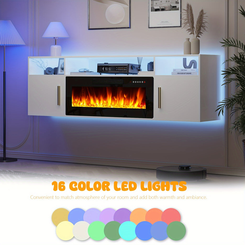Floating Fireplace TV Stand 70'' Wall Mounted Shelf, LED Light Entertainment Center And Storage, Modern Wood Media TV Console with Highlight Cabinet for Living Room