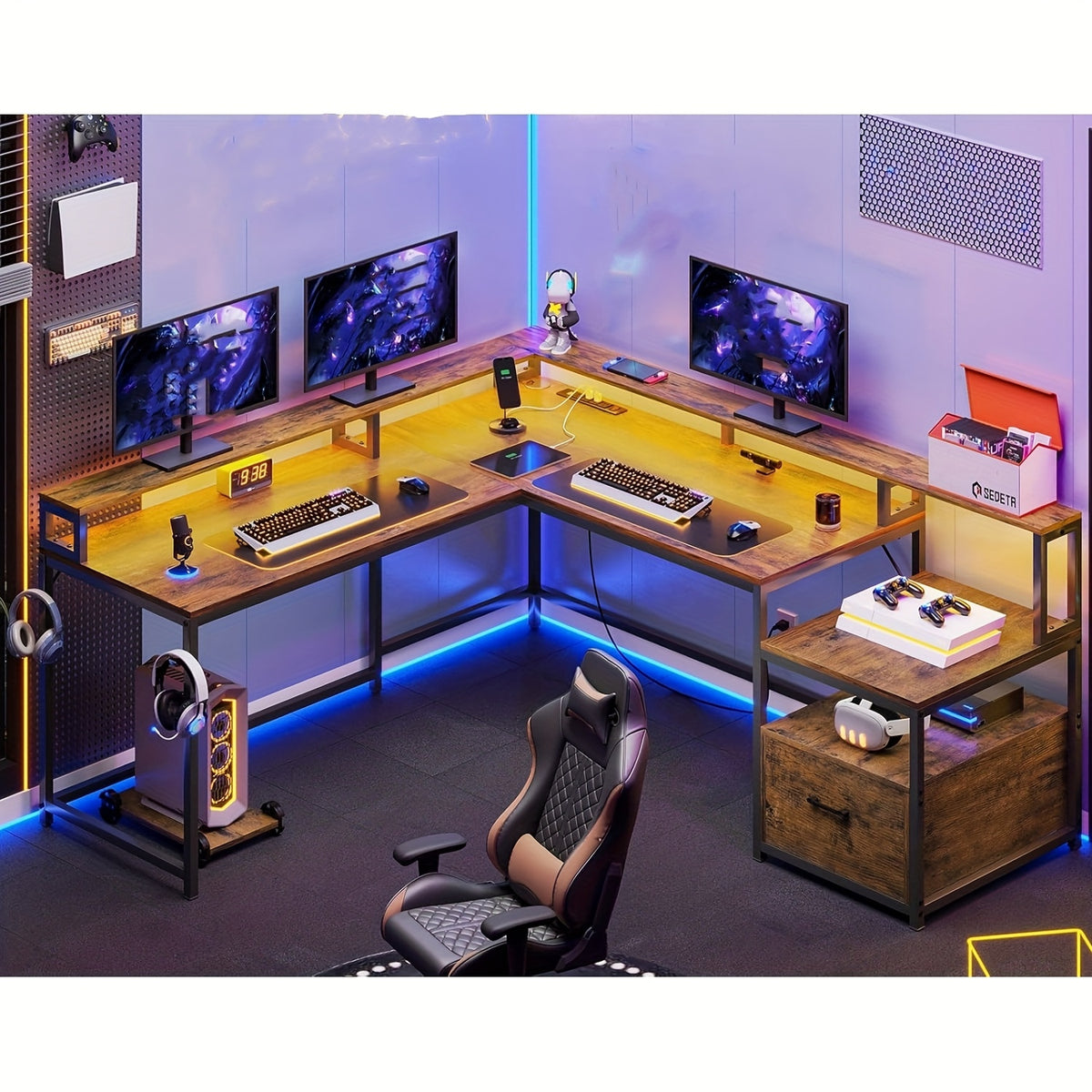 L Shaped Desk for Home Office, Reversible Corner Computer Desk with File Drawer, Led Lights and Monitor Shelf, Two Person Desk