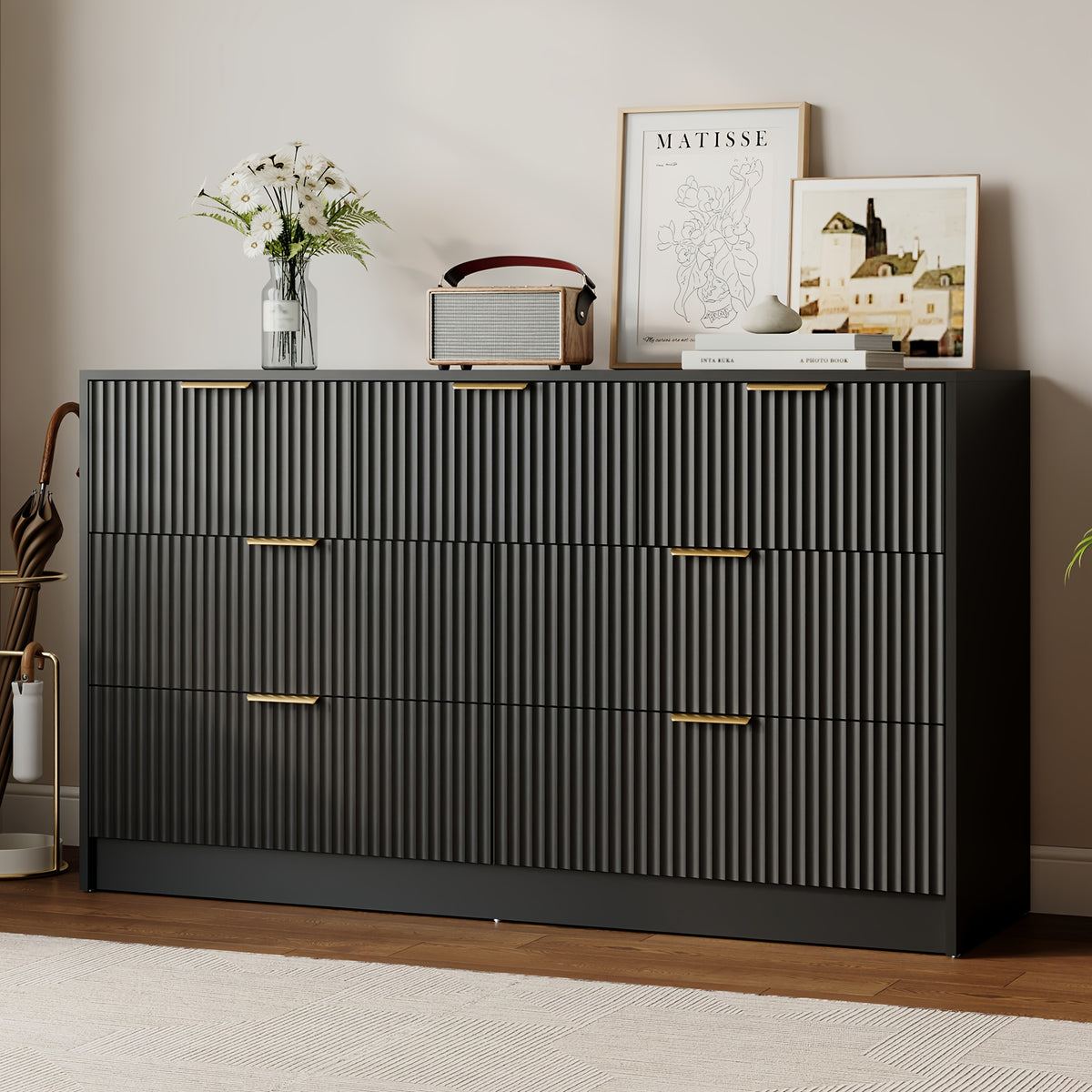 White/Walnut/Black 7 Drawer Dresser for Bedroom, Modern Fluted Dresser with Golden Metal Handles, Wide Chest Of Drawers for Bedroom, Living Room, Entryway, Hallway, 55.1" L X 15.7" D X 31.8" H, White 7 Drawer Dresser, Walnut 7 Drawer Dresser