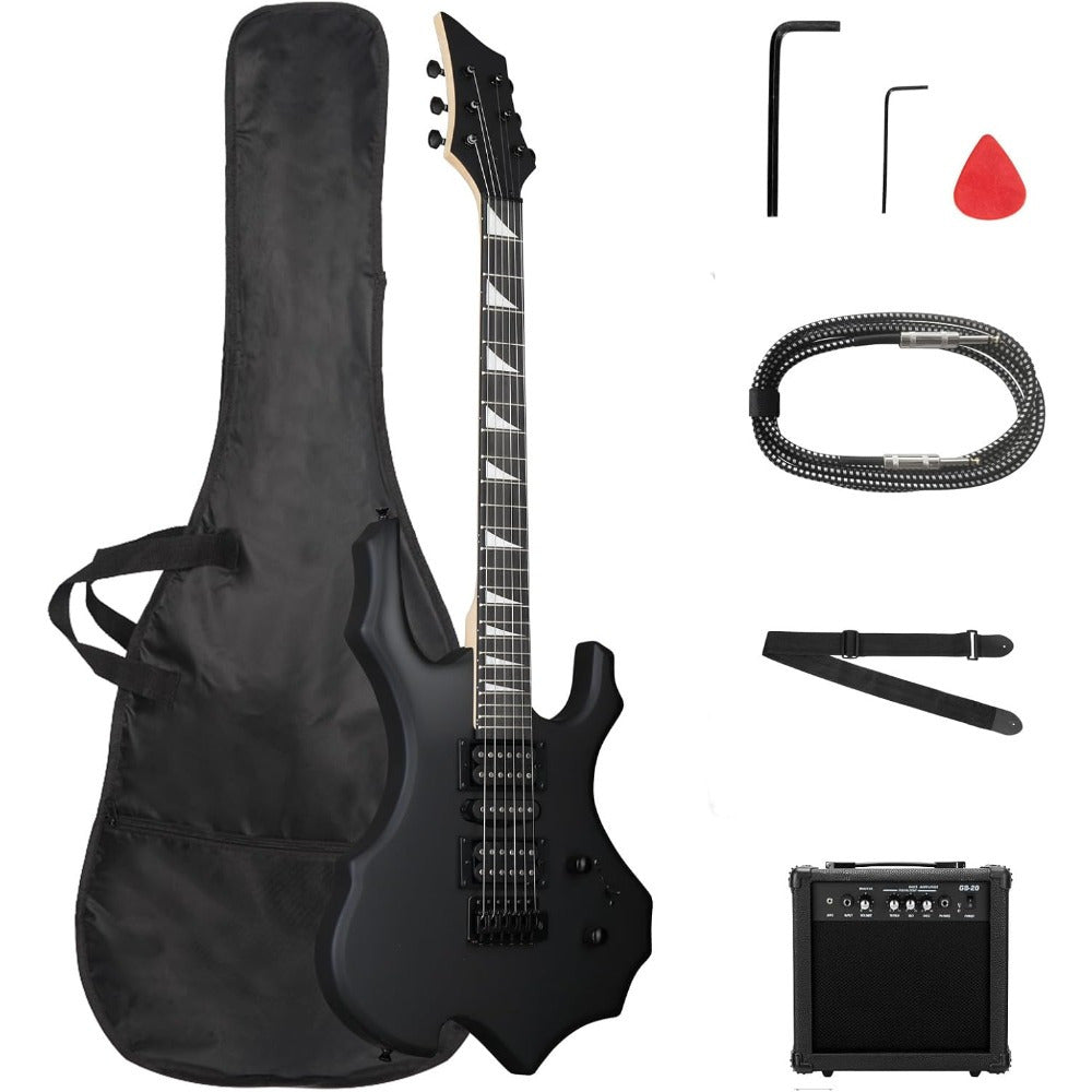 39 Inch Full-Size Matte Black Flame Electric Guitar Starter Kit with H-S-H Pickups, Techwood Fingerboard & Built-in Amp Suitable for Practice, Recording, Performances - Complete Guitar System for Beginners