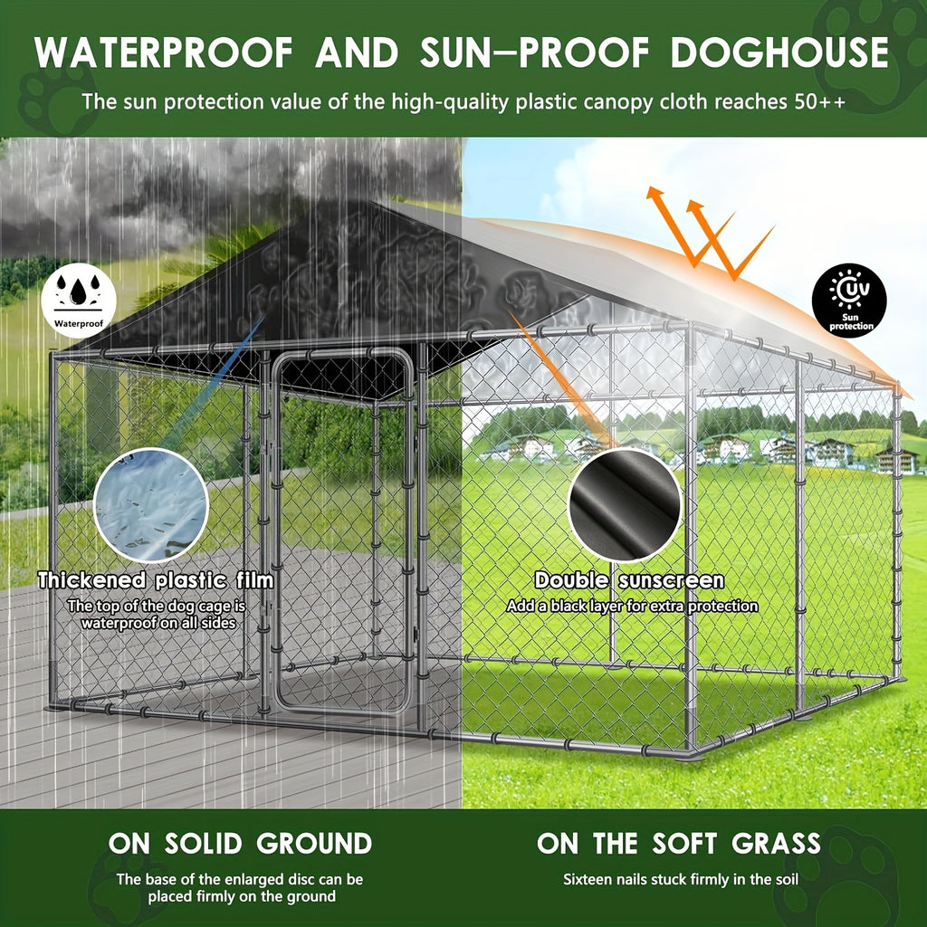 [Heavy Duty Dog Kennel] Dog Kennel Outdoor Large Dog House Outside With Canopy, Heavy Duty Dog Playpen Galvanized Anti-Rust Dog Cage For Farm Backyard Garden (118'' L X 118'' W X 83'' H)