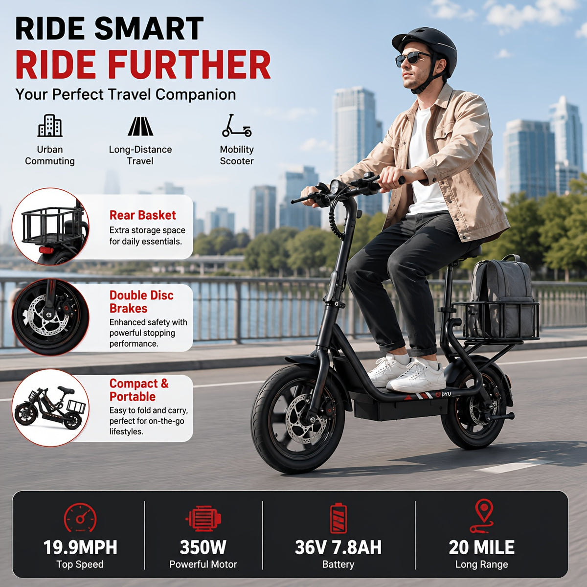 DYU 350W 14" Folding Electric Scooter with Seat - 20-Mile Range, 36V 7.8Ah Battery, Rear Basket & Double Disc Brakes, Compact Portable E-Scooter for Adults, Urban Commuting & Long-Distance Travel, Scooter Electric Fast