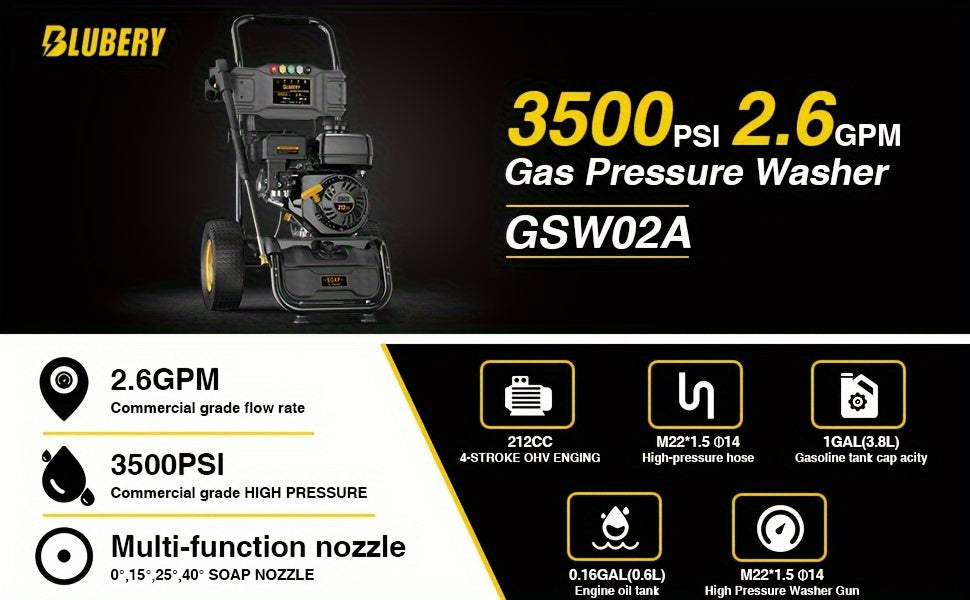 BLUBERY 3500 PSI Cold Water Gas Pressure Washer, 2.6 GPM Pressure Washer, 30Ft Pressure Hose, Black, Without Battery