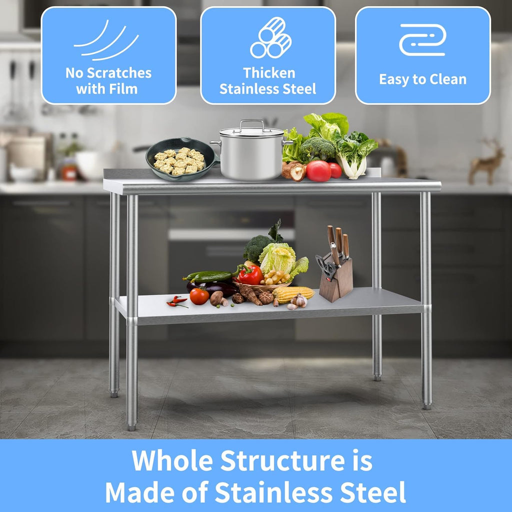 Stainless steel ready-made workbench, commercial heavy-duty workbench and workstation, suitable for metal dining tables in kitchens, restaurants, homes and hotels, with adjustable base frame and waterproof board
