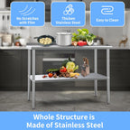 Stainless steel ready-made workbench, commercial heavy-duty workbench and workstation, suitable for metal dining tables in kitchens, restaurants, homes and hotels, with adjustable base frame and waterproof board